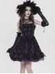 Purple Satin Splicing Black Rose-Patterned Mesh Chest Rhinestone-Studded Lace Hem Organza Curly Ruffles Gothic Style Slip Dress