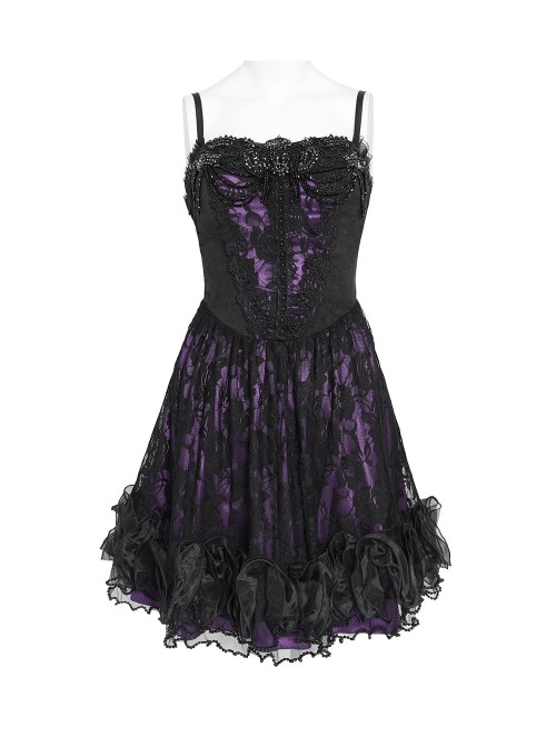 Purple Satin Splicing Black Rose-Patterned Mesh Chest Rhinestone-Studded Lace Hem Organza Curly Ruffles Gothic Style Slip Dress