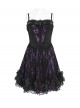 Purple Satin Splicing Black Rose-Patterned Mesh Chest Rhinestone-Studded Lace Hem Organza Curly Ruffles Gothic Style Slip Dress