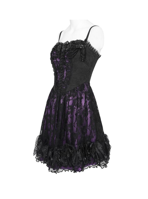 Purple Satin Splicing Black Rose-Patterned Mesh Chest Rhinestone-Studded Lace Hem Organza Curly Ruffles Gothic Style Slip Dress