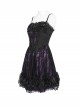 Purple Satin Splicing Black Rose-Patterned Mesh Chest Rhinestone-Studded Lace Hem Organza Curly Ruffles Gothic Style Slip Dress