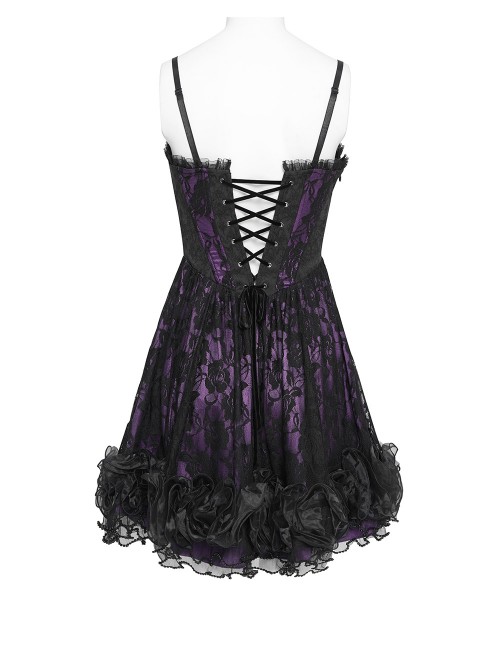 Purple Satin Splicing Black Rose-Patterned Mesh Chest Rhinestone-Studded Lace Hem Organza Curly Ruffles Gothic Style Slip Dress