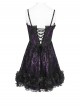 Purple Satin Splicing Black Rose-Patterned Mesh Chest Rhinestone-Studded Lace Hem Organza Curly Ruffles Gothic Style Slip Dress
