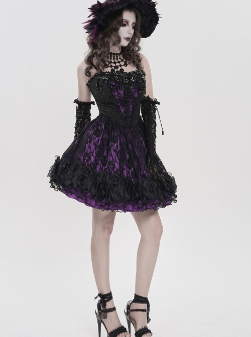 Purple Satin Splicing Black Rose-Patterned Mesh Chest Rhinestone-Studded Lace Hem Organza Curly Ruffles Gothic Style Slip Dress