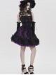 Purple Satin Splicing Black Rose-Patterned Mesh Chest Rhinestone-Studded Lace Hem Organza Curly Ruffles Gothic Style Slip Dress