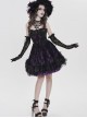 Purple Satin Splicing Black Rose-Patterned Mesh Chest Rhinestone-Studded Lace Hem Organza Curly Ruffles Gothic Style Slip Dress