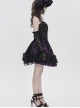 Purple Satin Splicing Black Rose-Patterned Mesh Chest Rhinestone-Studded Lace Hem Organza Curly Ruffles Gothic Style Slip Dress