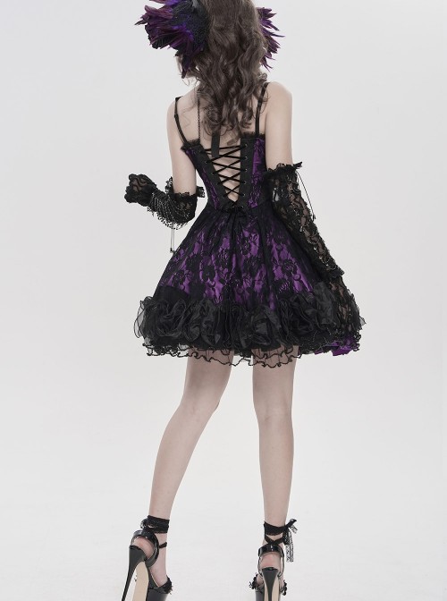 Purple Satin Splicing Black Rose-Patterned Mesh Chest Rhinestone-Studded Lace Hem Organza Curly Ruffles Gothic Style Slip Dress