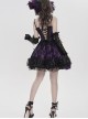 Purple Satin Splicing Black Rose-Patterned Mesh Chest Rhinestone-Studded Lace Hem Organza Curly Ruffles Gothic Style Slip Dress