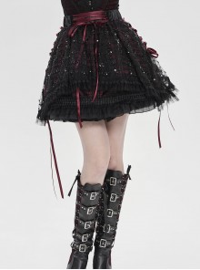 Black Sequins Checkered Mesh Patchwork Red Lining Color Blocking Waist Lace-Up Gothic Style Lolita Mini Skirt