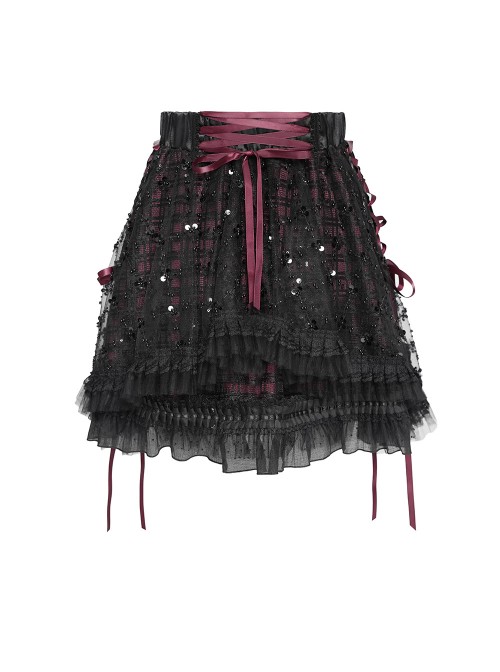 Black Sequins Checkered Mesh Patchwork Red Lining Color Blocking Waist Lace-Up Gothic Style Lolita Mini Skirt