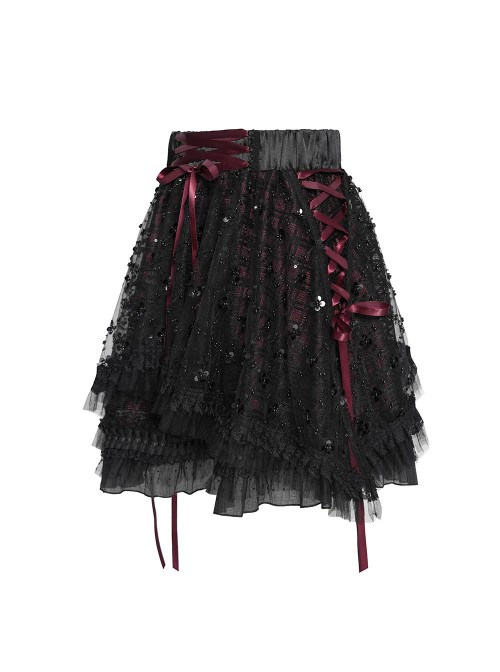 Black Sequins Checkered Mesh Patchwork Red Lining Color Blocking Waist Lace-Up Gothic Style Lolita Mini Skirt