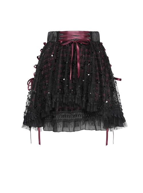 Black Sequins Checkered Mesh Patchwork Red Lining Color Blocking Waist Lace-Up Gothic Style Lolita Mini Skirt