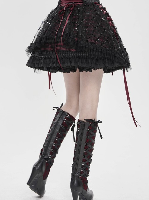 Black Sequins Checkered Mesh Patchwork Red Lining Color Blocking Waist Lace-Up Gothic Style Lolita Mini Skirt