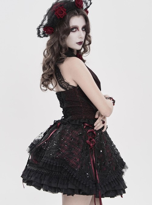 Black Sequins Checkered Mesh Patchwork Red Lining Color Blocking Waist Lace-Up Gothic Style Lolita Mini Skirt