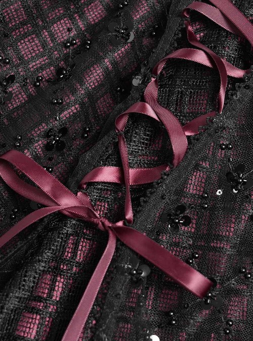 Black Sequins Checkered Mesh Patchwork Red Lining Color Blocking Waist Lace-Up Gothic Style Lolita Mini Skirt