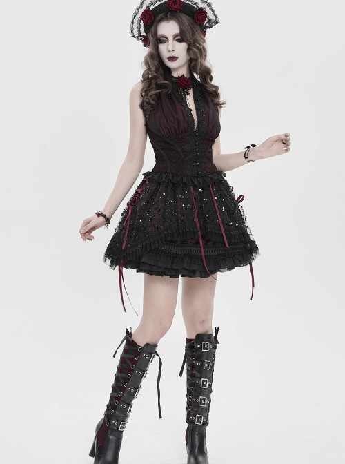 Black Sequins Checkered Mesh Patchwork Red Lining Color Blocking Waist Lace-Up Gothic Style Lolita Mini Skirt