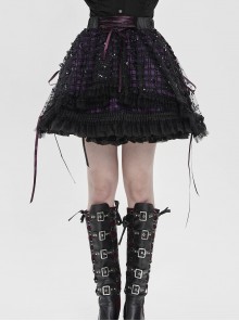 Black Sequins Checkered Mesh Patchwork Purple Lining Color Blocking Waist Lace-Up Gothic Style Lolita Mini Skirt