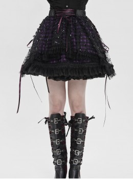 Black Sequins Checkered Mesh Patchwork Purple Lining Color Blocking Waist Lace-Up Gothic Style Lolita Mini Skirt