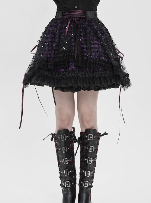 Black Sequins Checkered Mesh Patchwork Purple Lining Color Blocking Waist Lace-Up Gothic Style Lolita Mini Skirt