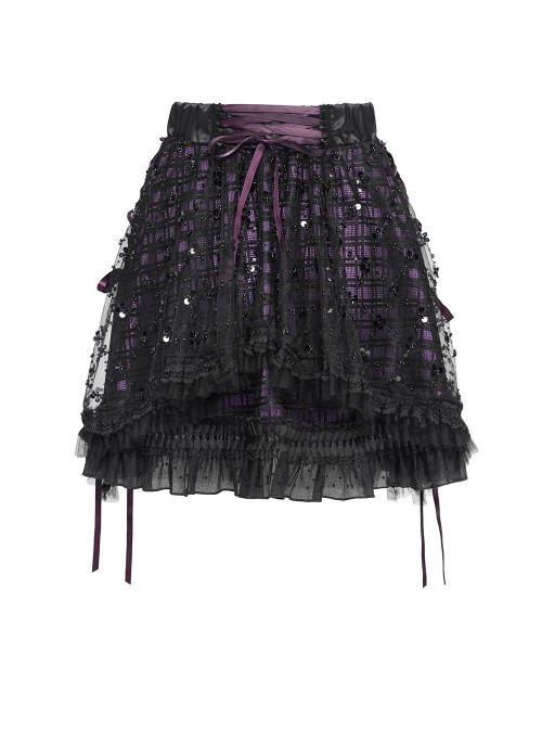 Black Sequins Checkered Mesh Patchwork Purple Lining Color Blocking Waist Lace-Up Gothic Style Lolita Mini Skirt