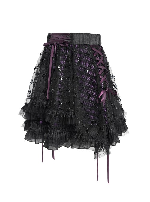 Black Sequins Checkered Mesh Patchwork Purple Lining Color Blocking Waist Lace-Up Gothic Style Lolita Mini Skirt