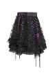 Black Sequins Checkered Mesh Patchwork Purple Lining Color Blocking Waist Lace-Up Gothic Style Lolita Mini Skirt
