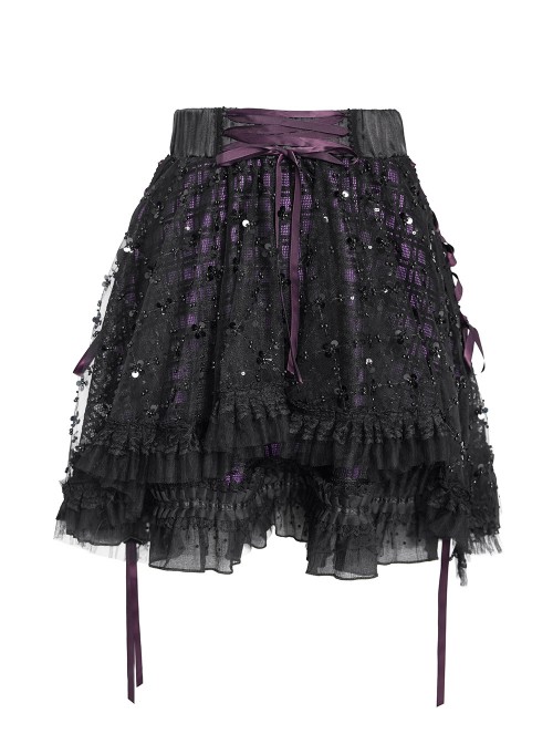 Black Sequins Checkered Mesh Patchwork Purple Lining Color Blocking Waist Lace-Up Gothic Style Lolita Mini Skirt