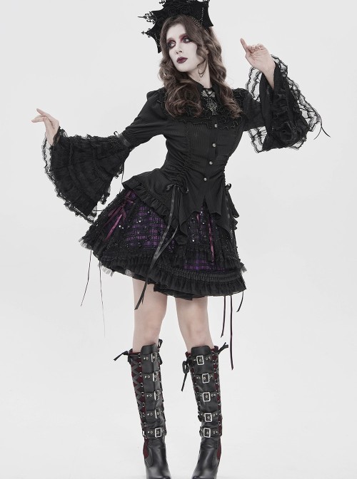 Black Sequins Checkered Mesh Patchwork Purple Lining Color Blocking Waist Lace-Up Gothic Style Lolita Mini Skirt