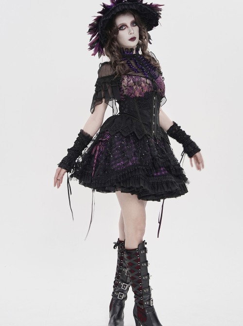 Black Sequins Checkered Mesh Patchwork Purple Lining Color Blocking Waist Lace-Up Gothic Style Lolita Mini Skirt