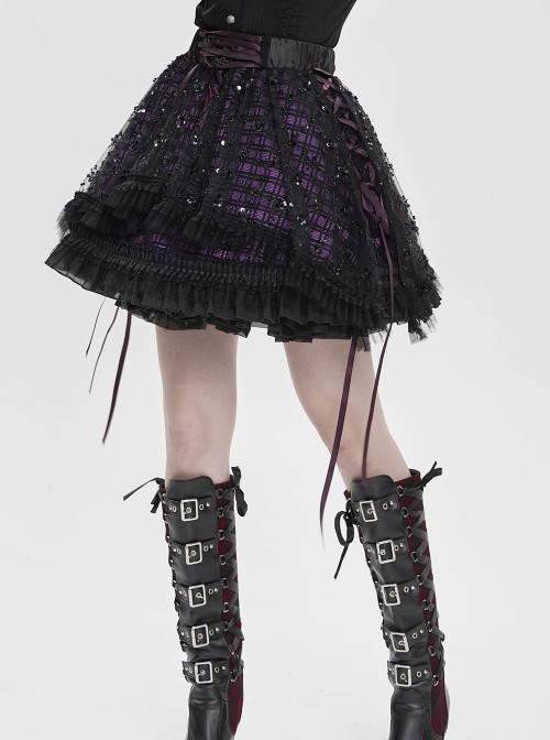 Black Sequins Checkered Mesh Patchwork Purple Lining Color Blocking Waist Lace-Up Gothic Style Lolita Mini Skirt