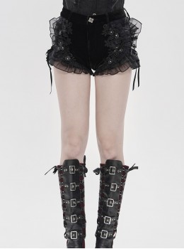 Black Velvet Splicing Rose Mesh 3D Flower Decorations Back Lace Trim Heart-Shaped Design Gothic Style Super Short Shorts