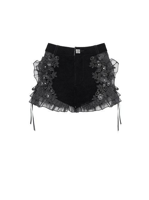 Black Velvet Splicing Rose Mesh 3D Flower Decorations Back Lace Trim Heart-Shaped Design Gothic Style Super Short Shorts