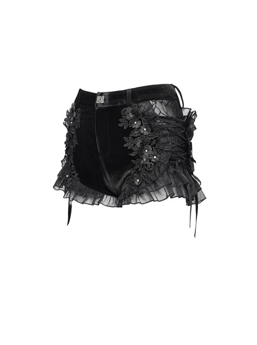 Black Velvet Splicing Rose Mesh 3D Flower Decorations Back Lace Trim Heart-Shaped Design Gothic Style Super Short Shorts