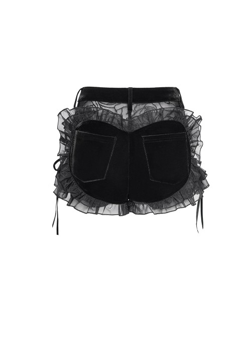 Black Velvet Splicing Rose Mesh 3D Flower Decorations Back Lace Trim Heart-Shaped Design Gothic Style Super Short Shorts
