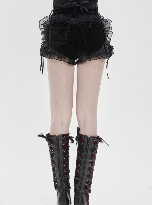 Black Velvet Splicing Rose Mesh 3D Flower Decorations Back Lace Trim Heart-Shaped Design Gothic Style Super Short Shorts