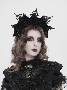 Black Velveteen Bat-Wings Shaped Halo Metal Carving Pieces Rhinestone Chains 3D Rose Decoration Queen Gothic Style Crown Headband