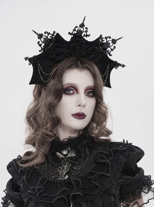 Black Velveteen Bat-Wings Shaped Halo Metal Carving Pieces Rhinestone Chains 3D Rose Decoration Queen Gothic Style Crown Headband