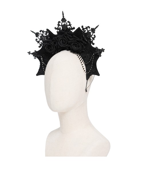 Black Velveteen Bat-Wings Shaped Halo Metal Carving Pieces Rhinestone Chains 3D Rose Decoration Queen Gothic Style Crown Headband