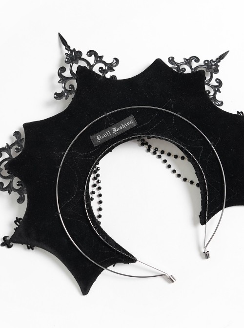 Black Velveteen Bat-Wings Shaped Halo Metal Carving Pieces Rhinestone Chains 3D Rose Decoration Queen Gothic Style Crown Headband