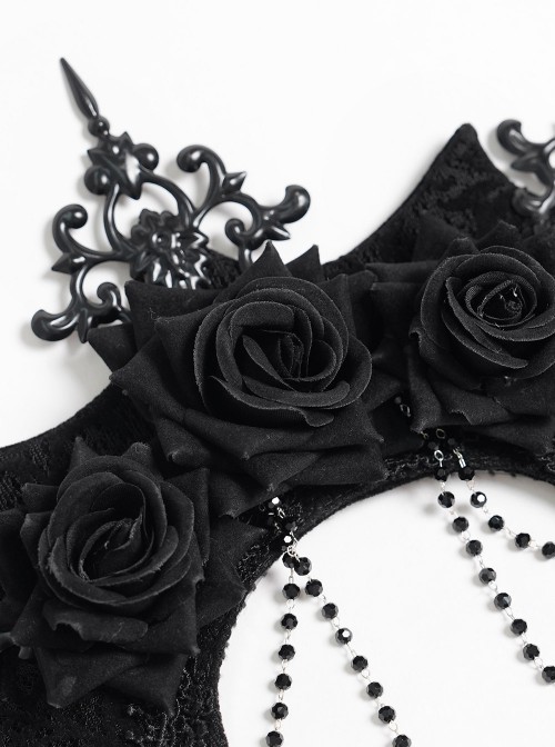 Black Velveteen Bat-Wings Shaped Halo Metal Carving Pieces Rhinestone Chains 3D Rose Decoration Queen Gothic Style Crown Headband