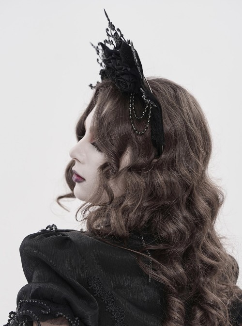 Black Velveteen Bat-Wings Shaped Halo Metal Carving Pieces Rhinestone Chains 3D Rose Decoration Queen Gothic Style Crown Headband