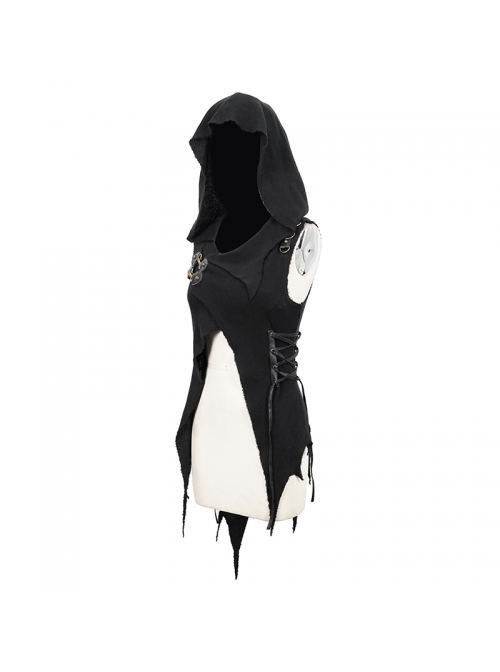 Breast-Wrapped Side Lace-Up Asymmetrical Hem Black Punk Woolen Cape