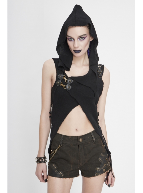 Breast-Wrapped Side Lace-Up Asymmetrical Hem Black Punk Woolen Cape