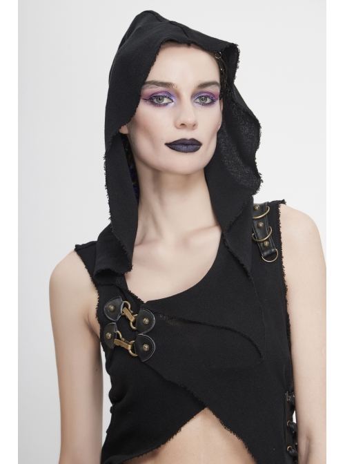Breast-Wrapped Side Lace-Up Asymmetrical Hem Black Punk Woolen Cape
