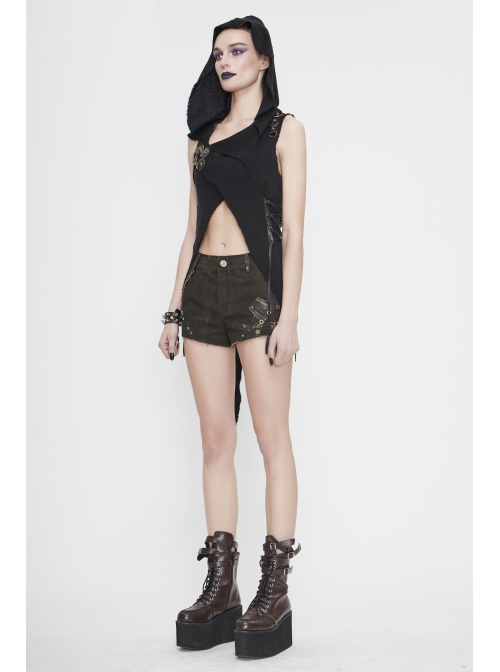 Breast-Wrapped Side Lace-Up Asymmetrical Hem Black Punk Woolen Cape