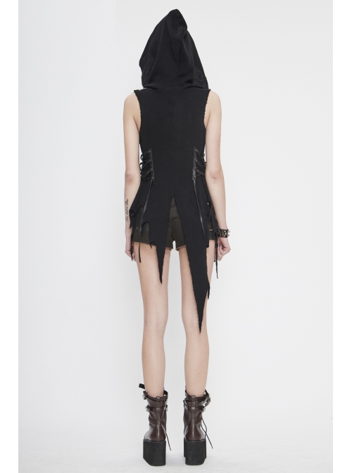 Breast-Wrapped Side Lace-Up Asymmetrical Hem Black Punk Woolen Cape