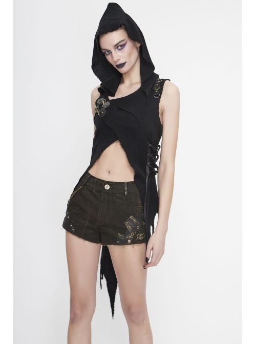 Breast-Wrapped Side Lace-Up Asymmetrical Hem Black Punk Woolen Cape