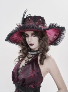 Wine Red Glossy Organza Black Ruffles Edge Foldable Gorgeous Rose Curled Feathers Decoration Gothic Style Big Hat