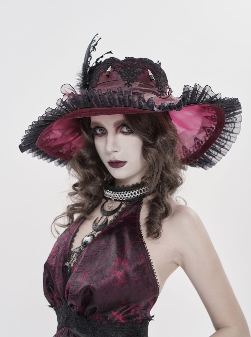Wine Red Glossy Organza Black Ruffles Edge Foldable Gorgeous Rose Curled Feathers Decoration Gothic Style Big Hat